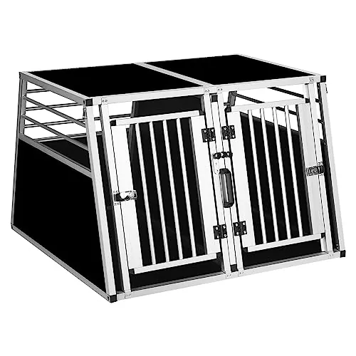 EUGAD Transportin de Aluminio, Caja de Transporte para 2 Perros, Trasportines Perro Grande con Cerraduras y Tabique Extraible, Jaula Perro para Coche, Robusto Transportin 97x92x66cm