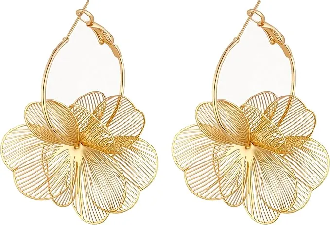 Aretes de Flores de Oro, Pendientes Flor Dorados Mujer, Pendientes Largos Dorados Fiesta, Aretes Florales Colgantes de Oro, Pendiente Dorado para Accesorios de Fiesta, Vida Cotidiana