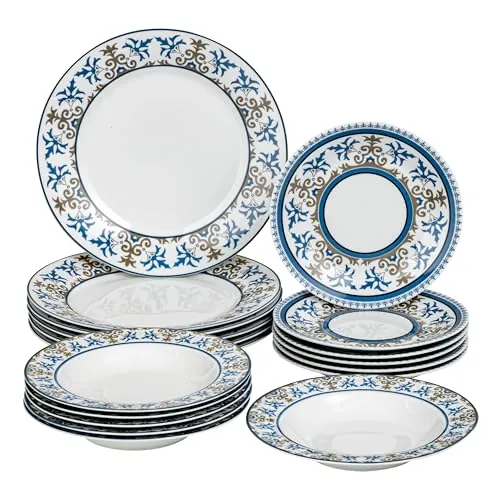 Baroni Home Vajilla de 18 Piezas de Porcelana, Juego de Platos para 6 Personas, Platos Hondos y Llanos, Platos de Frutas o Dulces, Estilo Cementine