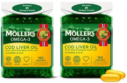 Möller’s ® | Cápsulas de aceite de hígado de bacalao | Ácidos grasos Omega-3 DHA y EPA, con vitaminas A, D y E | Sistema inmune, función cardíaca, función cerebral y visión | 160 cápsulas x 2