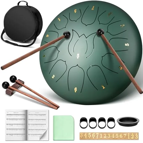 CAHAYA Tambor De Lengüeta De Acero De 12 Pulgadas Con 13 Notas, Libro De Música, Mazas De Tambor, Dedales Y Bolsa De Transporte Verde Musgo, CY00374-1