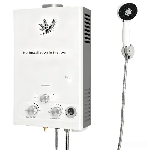 18L Calentador de Agua de Gas GLP Butano y Propano 36KW Calentador de Agua Calentador de Agua LPG Instantáneo Portátil,Modos de Invierno y Verano,Blanco,para Ducha Al Aire Libre,Baño,Camping