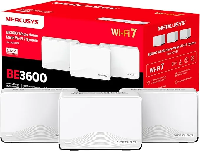 Mercusys,Halo H3600BE(3-Pack),Velocidad Ultra rápida de 3600 Mbps y Cobertura Total para un hogar Conectado. Ideal para Streaming 8K, Gaming sin Lag y múltiples Dispositivos