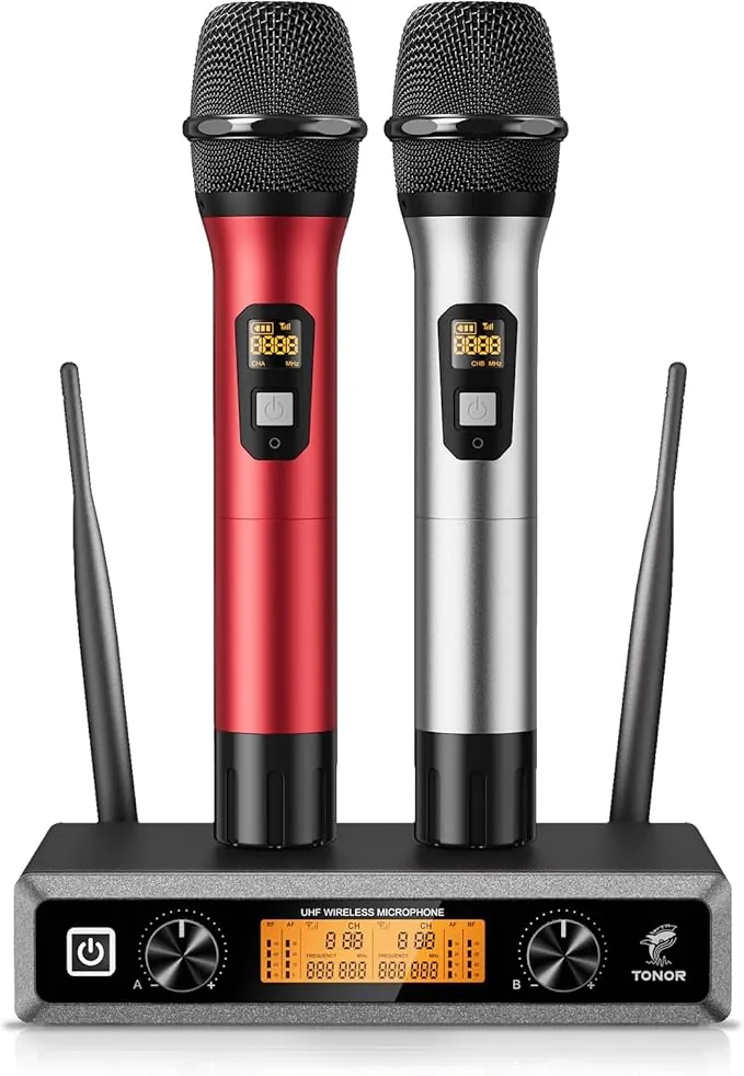 TONOR Micrófono Inalámbrico Dual Sistema de Micrófono Inalámbrico de Mano Profesional UHF, Set KTV Hogar para Karaoke, DJ, Fiesta, 60 Metros, TW820, Plata y Rojo