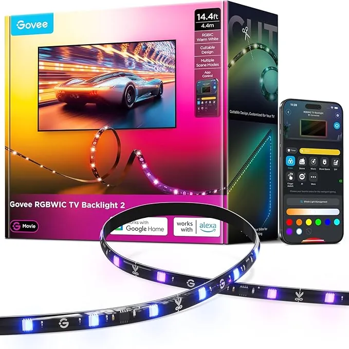Govee Luz LED Trasera TV 2, Recortable, RGBWIC 4,4m para TVs 32-70 pulgadas, Fácil Instalación, 210+ Modos, Compatible con Matter, Sincronización Musical, Control por APP y Personalización