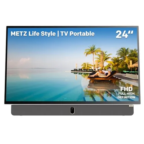 Metz TV Portable 24 Pouces (60 cm) Smart Google TV FHD Avec Batterie Intégrée Poignée HDR 10 Chargeur Voiture 12V Ecran Anti-reflet Dolby Audio HDMI USB Bluetooth Wi-FI (24MPE7000 Blanc)