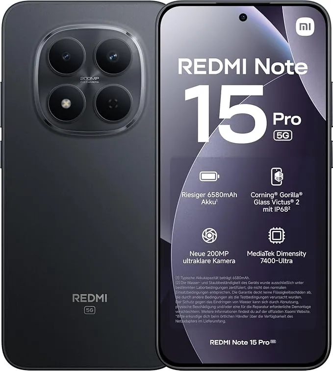 XIAOMI REDMI Note 15 Pro 5G - Smartphone de 8+256GB, Pantalla de 6,83" 1.5K AMOLED, MediaTek Dimensity 7400-Ultra, cámara de 200MP, batería de 6580 mAh, Negro
