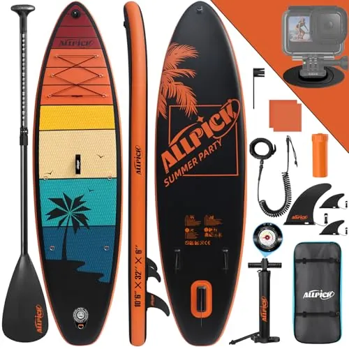 ALLPICK Tabla Paddle Surf Hinchable, Stand Up Paddle Board Sup, Tabla Padel Surf 320 cm, Soporte Universal para Cámara, Paleta Ajustable, Principiantes y Avanzados 200kg, Atardecer Naranja