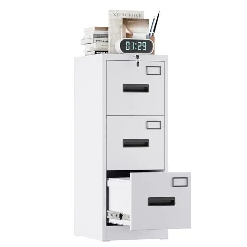 FlairVibe A4 Armario Archivador Metálico, 3 Cajonera Oficina Archivadores Verticales, Bloqueable, Incluye 2 Llaves, Dispositivo de Inserción, Muebles Oficina