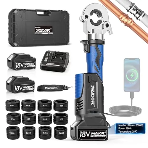SWANSOFT 18V Prensa Hidráulica Eléctrica para Tubos con Perfil V/U/TH, Alicates de Prensa Hidráulica a Batería para Tuberías, Kit Completo con 12 Matrices V15-18-22-28 U16-20-25-32 TH16-20-26-32