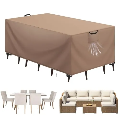 Aujink Funda Mesa Exterior Impermeable, Funda para Muebles de Jardín, Cubierta para Muebles de Jardin Tela Oxford 420D Anti Viento Anti UV Funda Protectora Mesa Exterior, Caqui,220x100x75cm