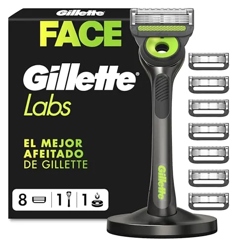 GilletteLabs Maquinilla de Afeitar Neon Night Edition con Recambios, 1 Mango de Metal con Barra Exfoliante Integrada, 8 Cuchillas con Banda Lubricante, 1 Soporte Magnético