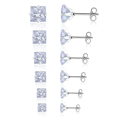 6 pares Pendientes de Tuerca de Circón Pendientes de Tuerca Hipoalergénicos Cuadrados de Acero Inoxidable de 3-8 mm Pendientes de Cartílago con Parte Posterior Plana para Hombres y Mujeres