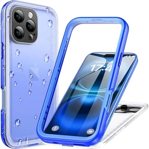 Cozycase Ultra Antigolpes Impermeable Funda para iPhone 16 Pro Transparente Original Tapón Antipolvo Estanca Capa 360 Integral Carcasa Delantera Trasera 16Pro Hermetica Rigida Dura Cover Azul