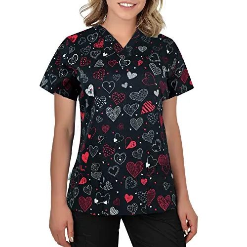 B-well Bambina Casaca de mujer de manga corta con cuello de pico y estampado, para personal sanitario, Corazones rojos, M
