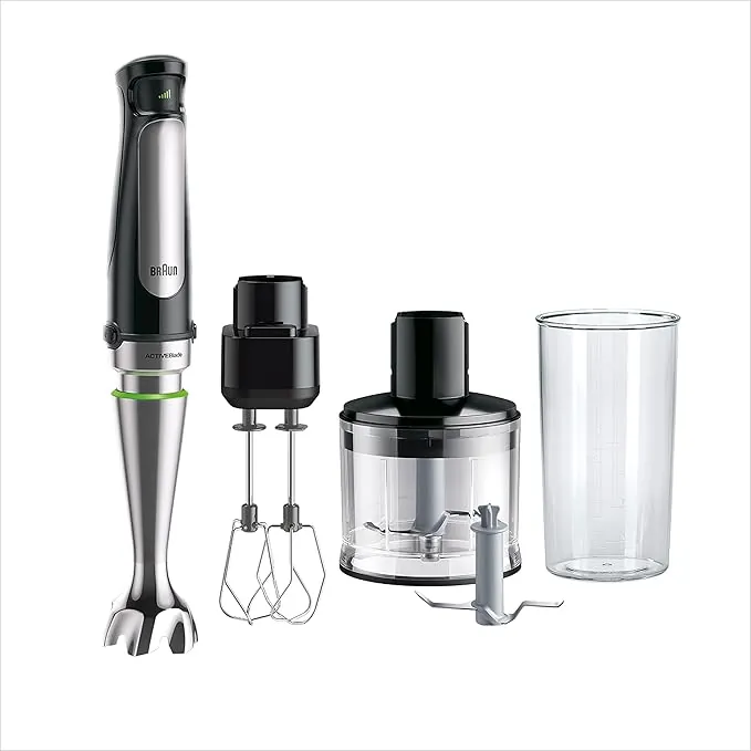 Braun Minipimer 7 - Batidora de Mano con Tecnología SplashControl, Sistema ActiveBlade para Alimentos Duros, Selección de Velocidad, Picadora 500mL, Doble Batidor, Vaso 600mL, 1000W, Negro, MQ7035XBI
