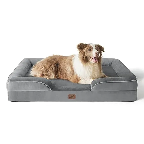 Bedsure - Sofá Cama Grande para Perro, Ortopédico Lavable con Funda de Franela Extraíble, Almohada Impermeable con Cojín en Forma de U, Cama Cuadrada, Gris, 97 x 71 x 16 cm