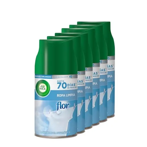 Air Wick Freshmatic - Recambios de ambientador spray automático, Esencia para casa con aroma a Flor Ropa Limpia, Azul, 250 ml (Paquete de 6)
