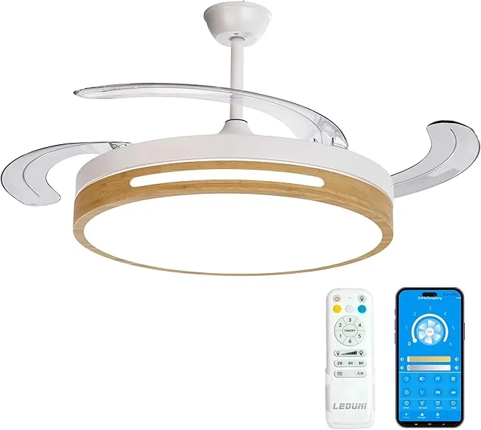 LEDUNI Ventilador con Luz LED con mando+APP 50CM, Motor DC +Luz LED, 66W,temporizador, 6 velocidades, aspas retráctiles, 3 temperaturas de luz, función verano-invierno Silencioso (Madera)