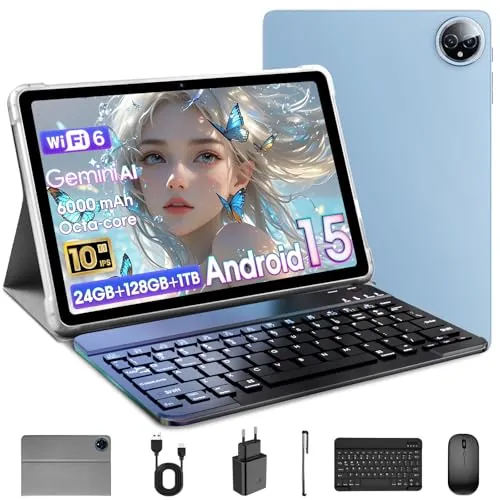 Raemond 10 pulgadas 15 Tablet con teclado,24GB RAM + 128GB ROM(1TB TF)T615 Octa-Core, Pantalla HD IPS 1280x800 Cámara doble 5MP + 8MP, 6000mAh,Gemini Ai Widevine L1, GPS, GMS, Altavoces dobles (Azul)