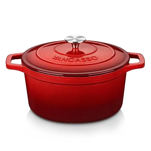 vancasso Cazuela Hierro Fundido para Horno, 26 cm 5 Litros Redonda Olla Antiadherente Anticorrosiva Esmalte con 2 Asas para Cocina Estofado, Paella, Freír, Asar, Saltear - Rojo