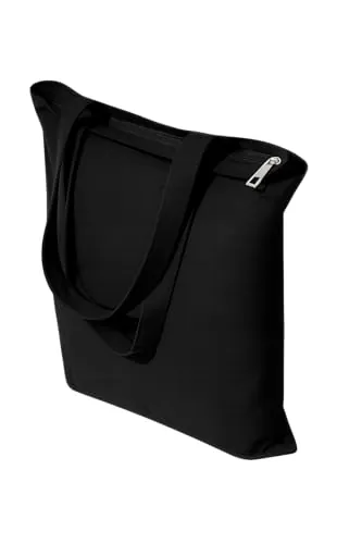 Mimain Tote Bag Tela Negra con Cremallera y Bolsillo. Bolsa de Tela Grande y Resistente para Compras, Universidad Mujer, Bolsas Negras con Cremallera, Regalo para Amiga (1)