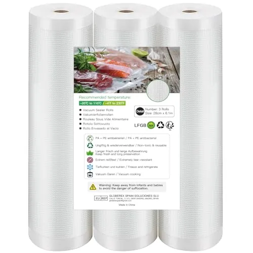 Rollos al Vacio para Envasadora al Vacìo, 3 Rollos 28 x 610cm Bolsas de Vacìo de Alimentos, Sin BPA, Bolsas de Vacio Gofradas para Conservación de Alimentos y Sous Vide Cocina & Boilable