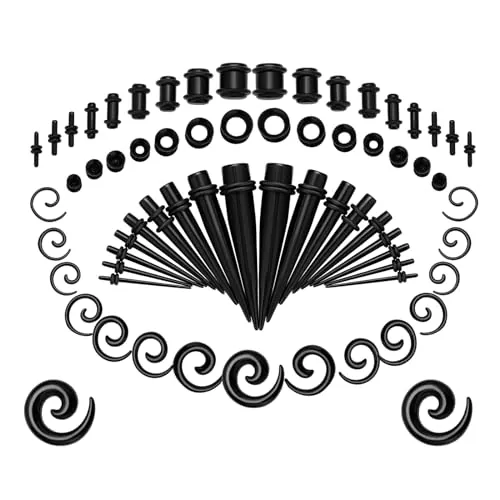 JINXIAN 68 Piezas Acrílico Juego de Estiramientos para Los Oídos Piercing 1,6-12mm Kit de Alargamiento de Oído Negro Dilataciones Orejas Expansores Oreja Joyeria para Mujer Hombre