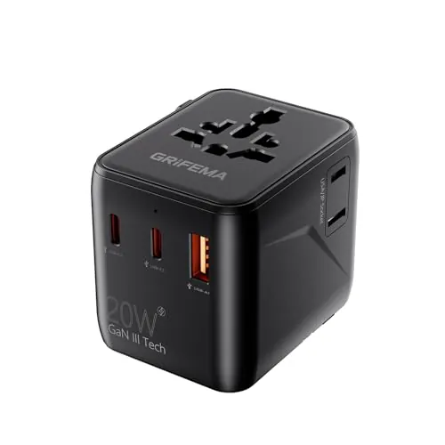 GRIFEMA Adaptador de Viaje Universal 5 en 1 con USB-C 20W