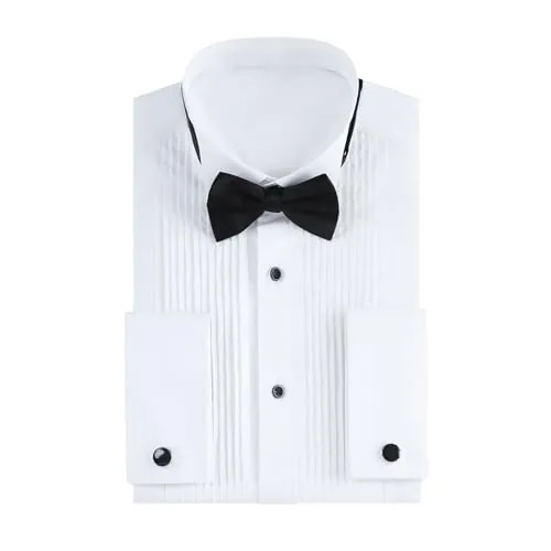 Gollnwe Camisa de Esmoquin para Hombre, Cuello de ala, puños franceses con Gemelos y Pajarita
