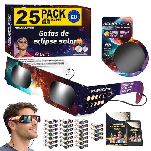Helioclipse 25 Gafas Eclipse Solar Homologadas ISO 12312-2 CE para Ver Eclipse Solar 2026, Gafas de Eclipse Solar Seguras Certificadas