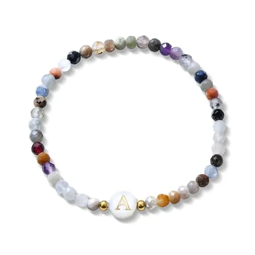 BodyBonita Pulsera Elástica con Inicial de Piedra Natural y Cuentas de Nácar Sintético con Letras de la A para Hombre y Mujer