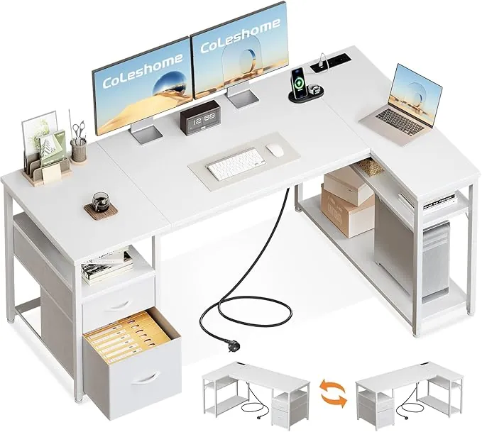 Coleshome Escritorio Esquinero con Cajones de Tela, 160x80cm Escritorio en L con Estantería Reversible, Mesa en L con Enchufes y Puertos USB para Oficina Trabajo en Casa y Juegos, Blanco