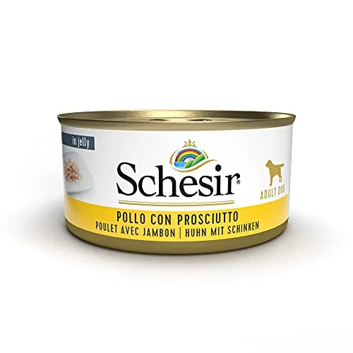 Schesir, Alimento Húmedo para Perros Adultos Sabor Pollo con Jamón Preparado En Suave Gelatina - Total 2,7 Kg (18 Latas De 150 G)