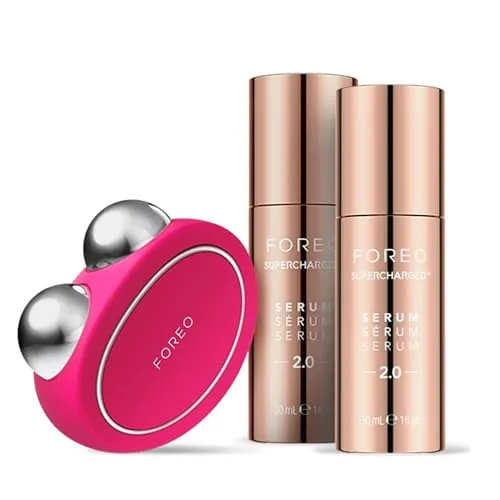 FOREO Set Reafirmante BEAR - Dispositivo de microcorrientes facial BEAR + 2x sérum conductor 30 ml con acido hialuronico- Masajeador facial antiedad - Skin care set - Fuchsia