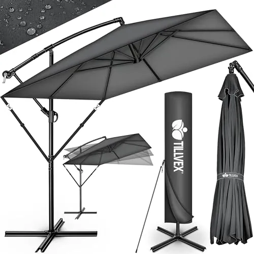 tillvex® Sombrilla de Jardín Rectangular Ø 330 cm con Manivela + Funda con Manivela | Sombrilla con soporte & Protección Viento | Parasol mercado impermeable + Protección UV (Antracita - sin LED)