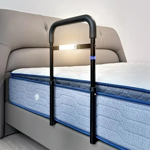 NIMOOD Barandilla de Cama para Adultos con Altura Ajustable, Asa Acolchada, Luz LED y Bolsa de Almacenamiento, Compatible con Twin, Twin XL, Full, Queen y King