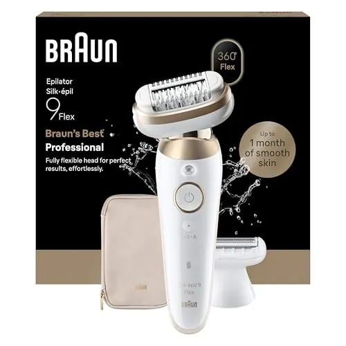 Braun Depiladora Eléctrica Mujer Silk·épil 9 Flex con Cabezal Flexible, Depila, Rasura Y Recorta en Seco Y Mojado, 2 Cabezales, Cepillo de Limpieza Y Funda, Depilación Suave Duradera, 9-041 3D, Oro