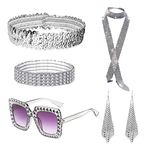 MIVAIUN 6 piezas accesorios discoteca conjunto de disfraz de discoteca, bufanda lentejuelas, pendientes, marco gafas sol, pulsera y diadema para mujer para discoteca años 70/80