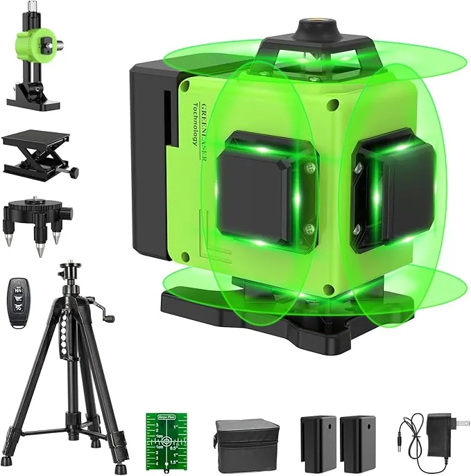 Nivel Láser 4D Verde 360° Autonivelante – Láser de Líneas Cruzadas 16 Líneas con Trípode, 2 x 2400 mAh Baterías, IP54 Impermeable – Kit Completo para Suelos y Techos