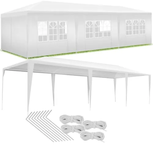 tectake® Carpa Desmontable, con 8 Paneles Laterales Desmontables, Protección a la Intemperie, Cenadores para Jardin, Playa, Cuerdas Tensoras y Piquetas, Carpas para Exteriores - 9x3 m Blanco