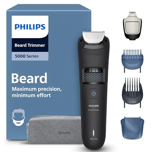 Philips Recortadora de barba series 5000, Hombre, Cuchillas autoafilables, 40 posiciones ajustables, Sensor de Barba, Sistema recogedor de vello, 100% Resistente al agua, funda viaje, BT5765/15