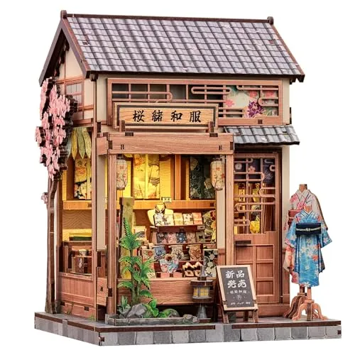CUTEBEE Book Nook Kit – Casa de Muñecas para Adultos, Tienda de Estilo Japonés Delicada, Casa en Miniatura DIY con Luz LED, Decoración para Estantería, Regalo(Sakura O Kimono Shop)