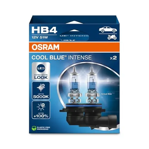 OSRAM COOL BLUE INTENSE HB4, +100% más de brillo, hasta 5.000K, lámpara de faro halógena, aspecto LED, caja plegable colgante (2 lámparas)