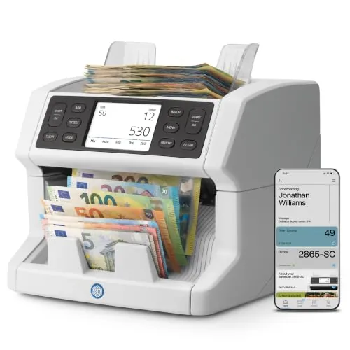 Safescan 2865-SC Contadora que cuenta el valor los billetes mezclados-Alimentación continua-Contadora detectora de billetes falsos en 9 características-Máquina para contar billetes con la app Safescan