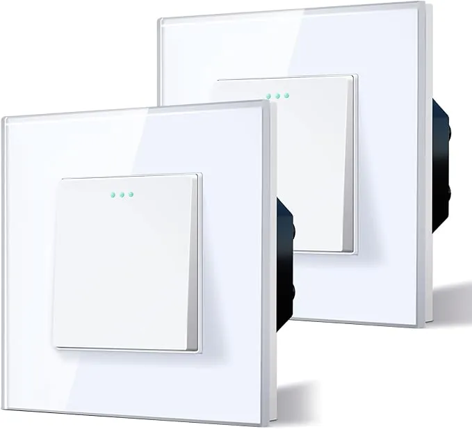BSEED Interruptor pared Normal,Basculante Con Luz de Orientación,Marco de Cristal,Fácil Instalación,Fáciles de Limpiar,1 Gang 1 Vía - 2 Paquetes,86mm Blanco