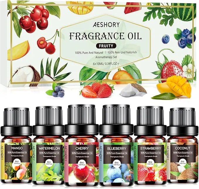 AESHORY Frutas Aceites Esenciales para Humidificador Difusor 6 x 10ML, Aceite Aromático de Afrutado Naturales, Set de Aceites Esenciales Aromaterapia - Fresa, Arándano, Cereza, Coco, Sandía, Mango