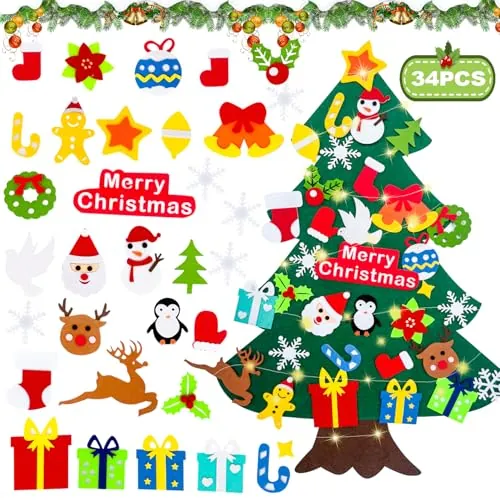 Árbol de Navidad de fieltro, 1 metro DIY juego de árbol de Navidad de fieltro para niños, decoración colgante con 34 adornos extraíbles, juego de manualidades DIY ideal para decoración del hogar