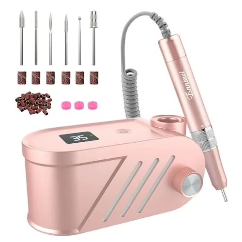Enniewi Torno para Uñas Profesional 35000 RPM, Pulidor Uñas, Lima Electrica, Nail Drill, Set Manicura y Pedicura Electrico, Kit 11 Fresas Brocas, LED Tátil, Quitar Acrílico Gel/Esmalte/Callos, Rosas