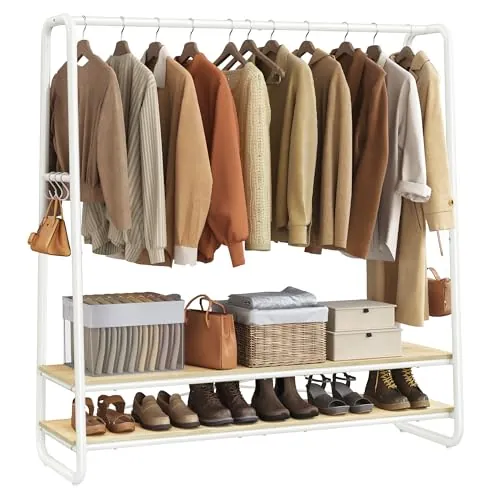 VASAGLE Perchero Burro, Perchero Recibidor con 2 Estantes, 6 Ganchos en Forma de S, Marco de Acero, 45 x 138 x 160 cm, para el Dormitorio, Beige Natural y Blanco Mate RGR119W09